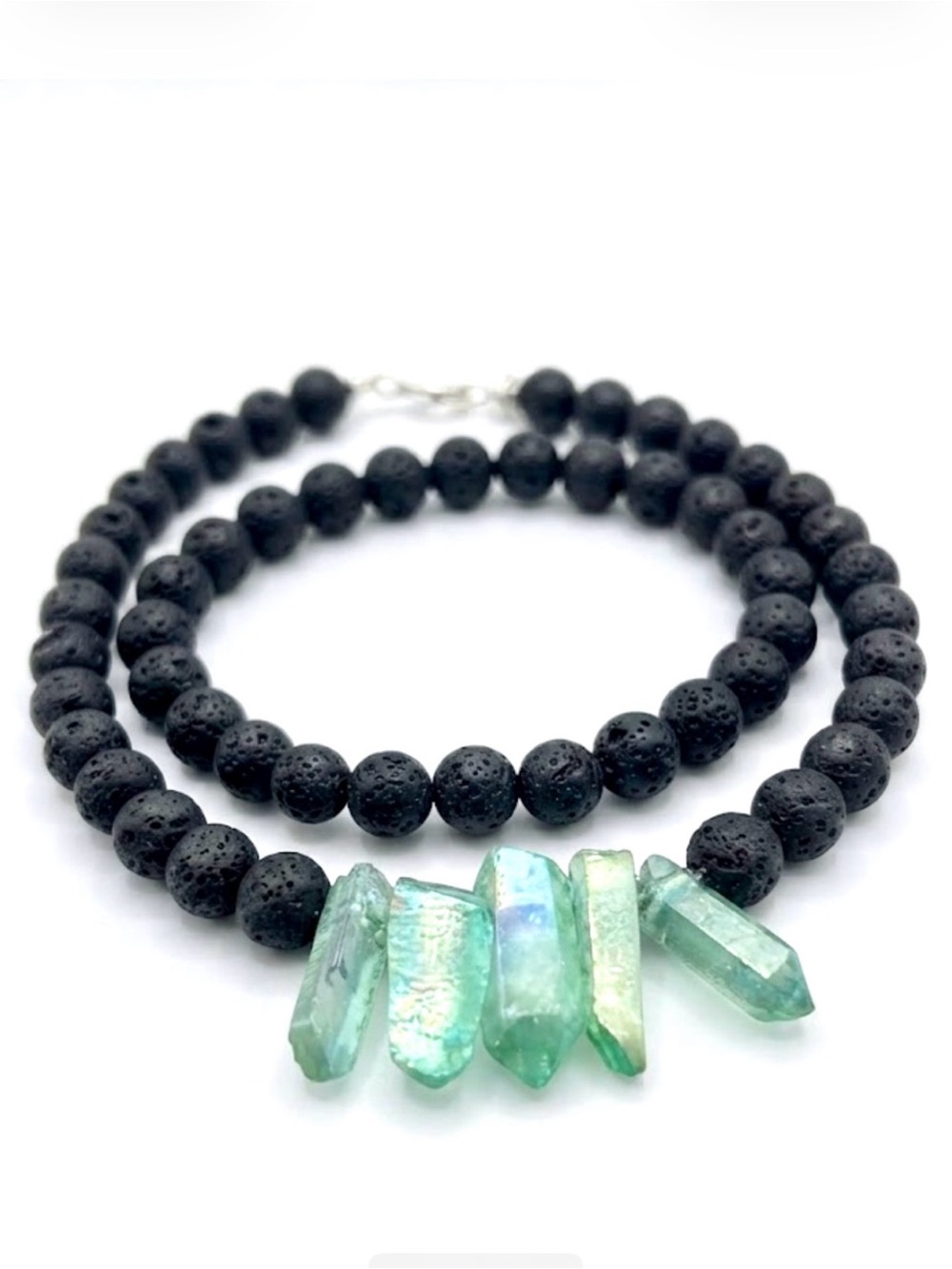 Black Lava Bead Necklace with Green Crystal Points and Bracelet